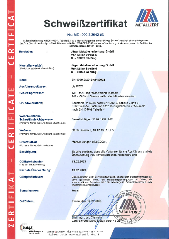 Schweißzertifikat EN 1090-2