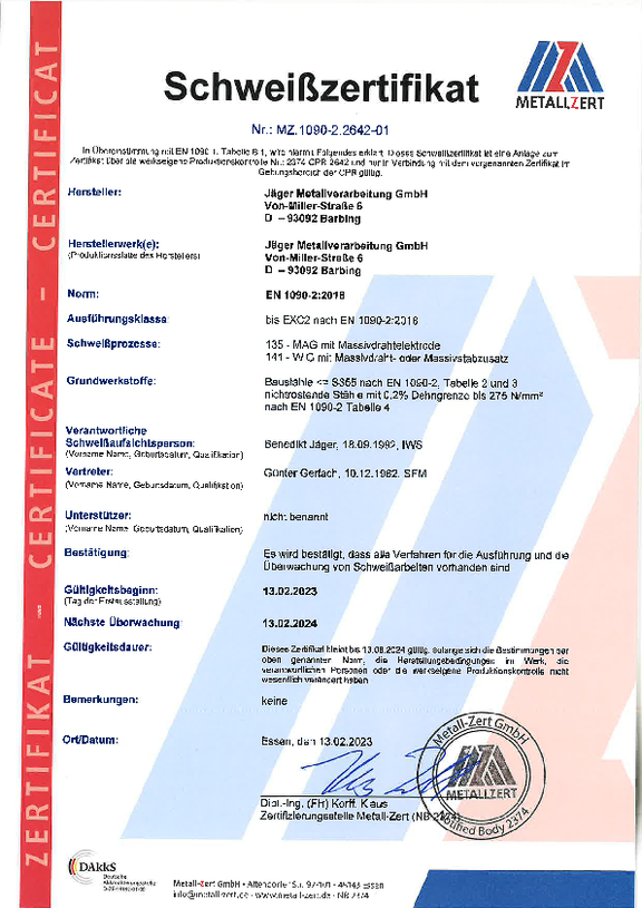 Schweißzertifikat EN 1090-2